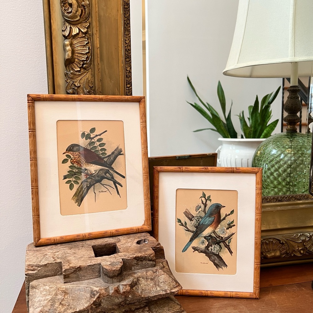 2 Bird Prints by Artist Ph Gonner. Bamboo style Wood framed and matted. 8X10